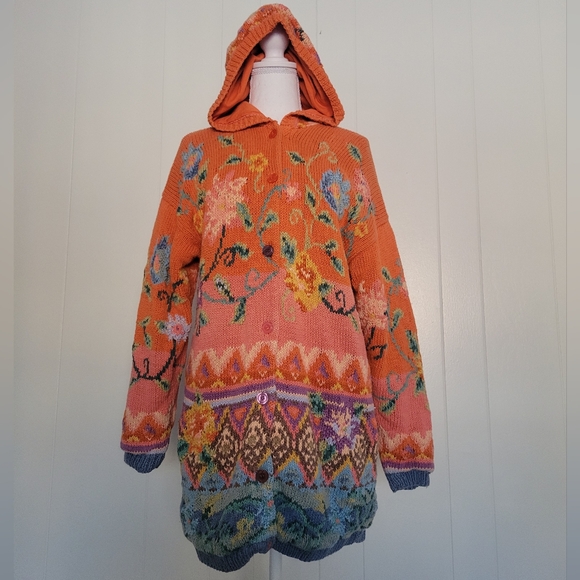 Vintage Together! Yarn Knit Sweater Coat Shabby Chic Hooded 90s Ramie Cotton MD - Picture 2 of 15